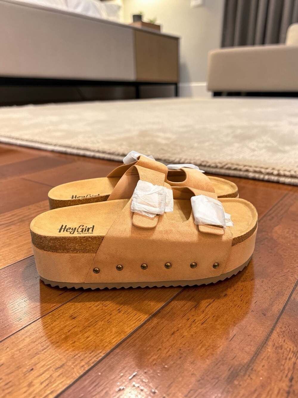 Hey Girl by Corkys Wannabe Tan Platform Studded Buckle Slide Sandals